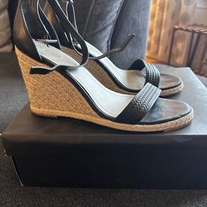 Black and Tan Wedge Sandals with High Cork Heel